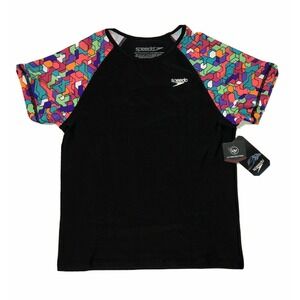 Speedo Printed Short Sleeve Rash Guard Black Puzzle Piece child Small